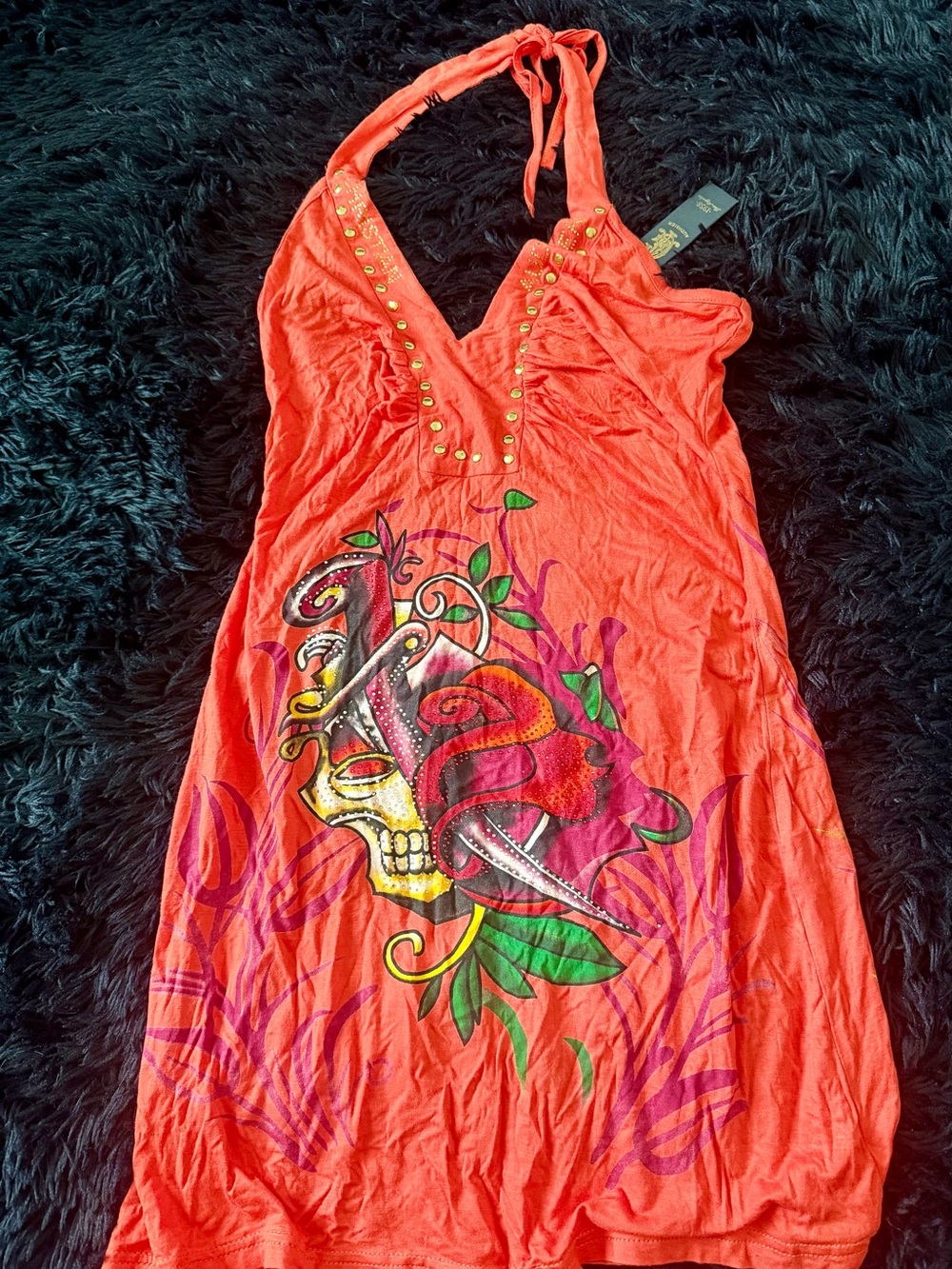 Christian Audigier Women's Coral Halter Dress with Graphic Skull Print